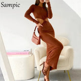 Khaki Cut Out Sexy Women Long Sleeve Bodycon Party Dress O Neck Club Backless Fashion Summer Autumn 2021 Wrap Long