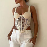 Toloer Hollow Out Inside The Jacket Spring 2024 New Fashion Fish Bone Bundle Waist Fish Bone Handmade Hook Flower Knit Vest-Outfit