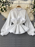 Women Design 3D Flounced edge Blouse Sweet Puff Sleeve O Neck Solid Casual Tops Summer Fashion Streetwear Short Blouses