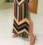 New Wish Striped Print Slim Sexy Forked Dress Sleeveless Dress Woman-Outfit