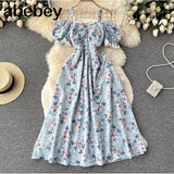 Women Casual Summer Female Fashion Strap Dress Slash Neck Korean Floral Sundress Ladies Lace Party Beach Long