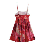 Holiday Tie-dye Flower Print Slash Collar Ruched Chest Mini Sling Dress Sexy Low Back Backless Robe BOHO Summer Vestido-Outfit