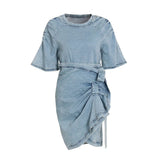 TWOTWINSTYLE Korean Two Piece Set Women Round Neck Short Sleeve Tops High Waist Ruched Midi Skirts Female Sets Fashion