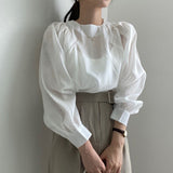 Simple Round Neck Women's Blouse Autumn Lantern Long Sleeve Pleated Casual Shirts Ladies Loose Elegant Woman Top