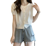 Kong Flavor Retro Round-Neck Short-Sleeved Knitted Shirt Girls Summer Thin Design Slim Short Thin Open Shirt Top