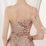 Sequin One Shoulder Slit Long Evening