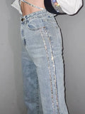Women's Jeans High Waist Slim White ShinyDiamond Straight Denim Light Blue Pencil Pants 2024 Summer New Fashion 29L2979-Outfit