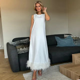 Spring 2025 New Fashion Temperament Round Neckless Loose Loose Solid Color Feather Splicing Design Long