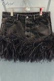 Denim Skirts For Women High Waist Patchwork Feathers Minimalist Temperament Skirt Female Summer Fashion Style Clothing