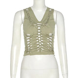 Y2k Green Lace Up Hollow Out Tank Top Vest Women Sexy Skinny Bandage Crop Tops 2021 Summer New Fashion