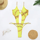 Sexy Hollow Out One Piece Swimsuit Women Chain Swimwear Print Bodysuit Backless Monokini Brazilian Bathing Suits Beach