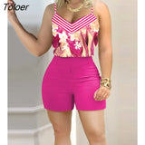 Summer Sexy Striped Floral Print Spaghetti Strap Top & Solid Shorts Sets Two Pieces Suits Tracksuit Casual Women's