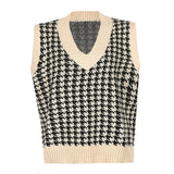 Plaid V Neck Vintage Sweater Vest Casual Elegant Sleeveless Jumpers Pullover Autumn Knitted Top Winter High