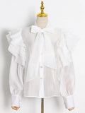 Solid Casual Shirt For Women Bow Collar Butterfly Sleeve Patchwork Buttons Loose Shirts Female 2022 Autumn