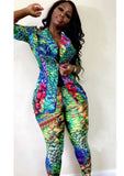 Fashion Print Turndown Collar Long Sleeve Blazer Suit Two Pice