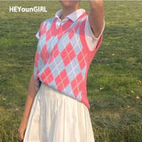Preppy Style Argyle Knitted Sweater Vest Casual Sleeveless Vintage V Neck Jumper Women Y2K Cute Autumn Pullover