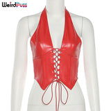 Puss Sexy Summer Hollow Out Faux Tank Tops Bandage Drawstring Halter Y2K Cyber Backless Skinny Stretchy Activewear