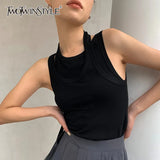 Solid Hollow Out Vest For Women O Neck Sleeveless Fake Two Irregular Casual Tank Tops Female Fashion New