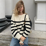 Graduation party Horizontal Striped White Sweater Stand Collar Batwing Sleeve Female Casual Loose-fitting