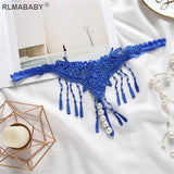 Embroidery Tassel Transparent G-String Temptation Pearl Massuge Women Underwear Thong Crotch Open Lingerie Briefs