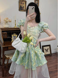 Sweet Green Dress Women Patchwork Flower Mini Dresses Female Print High Waist Designer Chic Fashion Dress 2022