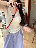 Round-Neck Short-Sleeved Sweater Women's Summer Korean Sweater Sweet Gentle Sweater Pull Rope Wrinkle Slim Bm Blouse-Outfit