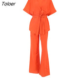 Casual Summer Outfit Cotton Linen Wrap Shirt Belt Short Sleeve 2 Pieces Sets Elastic Waist Wide Trouser Suits Women