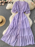 Women Elegant French Dress Sweet Puff Sleeve V Neck Single Breasted A-line Dresses Summer Casual Streetwear Midi Dress