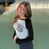 Vintage Y2k Abstract Print Raglan Long Sleeve Crop Top Streetwear Women 2000s Grunge Baby Tee Graphic T Shirts