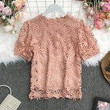 New Summer Sweet All-match O-neck puff sleeve Blouse hollow out Lace Crochet stitching Shirt