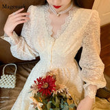 Lace Dress Women Elegant V-neck A-line Puff Sleeve Midi Dresses Vintage Hollow Out Summer 2021 Ladies Dress Vestido