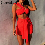 Red knitted 2 piece suits Crop top and skirt lady sets Holiday women fashion sexy bandage elegant pleated dress
