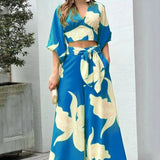 2023Womens Autumn Multicolor Printing Temperament Commuting High Waist Sexy Lace Up Fashion Casual Set Femme Sexy Disfraz