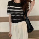 Kong Flavor Retro Chic Striped Shoulder Short Sleeve T-Shirt Girls Summer Thin Retro Thin Ice Silk Knitted Shirt