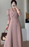 Solid Belt Dress Women Spring Autumn Notched Long Sleeve Office Ladies Blazer Dress Female Long A-Line Black Dress-Outfit