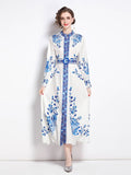 2022 Spring Runway Long Dress Women Long Lantern Sleeve Single Breasted Blue Floral Print Split Boho Dress with