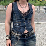 Y2K Pockets Jeans Corset Top Button V Neck Cargo Retro Sweats Tank Tops Women Streetwear Aesthetic Vest Summer 90s