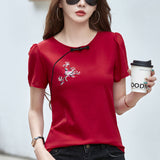 Women's Clothing Round Neck Summer Pullover Solid Color Plant&Flowers Embroidered Bow T-shirt Chinese Style All-match Tops-Outfit