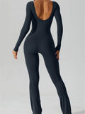 Women Backless Jumpsuits Solid Long Sleeve Round Neck Slim Fit Spring Fall Rompers Flared Long Pants Streetwear 2023-Outfit