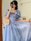 Elegant Sweet Dress Women Autumn Winter Vintage Eveving Party Midi Dresses Chic Korean Retro Blue Fairy Dress 2022