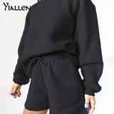 Yiallen Autumn Cotton Solid Two Piece Set Women Early Casual O-Neck Sweater+Drawstring Sporty Shorts Classic Matching