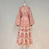 Casual Pink Two Piece Set For Women Stand Collar Lantern Long Sleeve Tops High Waist Midi Skirts Print Sets