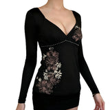 Flower-Print Cross-Chest Type V-Neck Dress Autumn New Temperament Long Sleeve Bottom T-Shirt