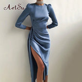 Satin Gown Split Wrap Maxi Dress Women Elegant Fashion Outfits Straight Club Party Long Sleeve Dresses