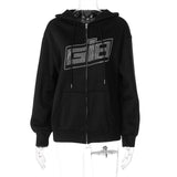 Gothic Rhinestone Letter Print Women's Long Sleeve Pullover Hoodies Zipper Loose Oversized Streetwear Casual 2021 Autumn