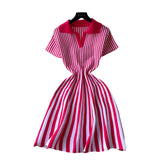 Retro-Necked Short-Sleeved Striped Knitted Dress Female Waist Temperament Thin A-Word