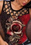 O-Neck Floral Print Hollow Out Tank