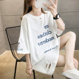Shot 6535 Cotton Medium And Long Style Embroidery 2024 New Korean Version Short-Sleeved T-Shirt Women's Plus Size Blouse-Outfit