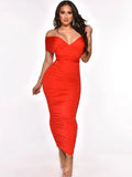 Sexy Straps Sleeveless Solid Ruched Lace Up Sheath Midi