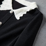 Women Single Breasted Turn Down Collar Knitted Sweater Spring Long Sleeve Elegant Slim Bodycon Knee Mermaid Dress Black